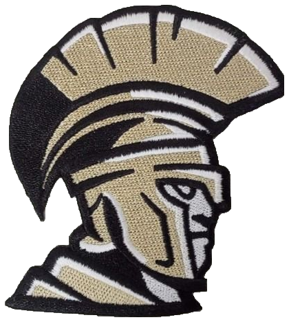 Team identity. Stitched in. A gold and gray helmet patch beside a blue paw patch with yellow pads. Liberty Digitizing design with black, white and gold typography.