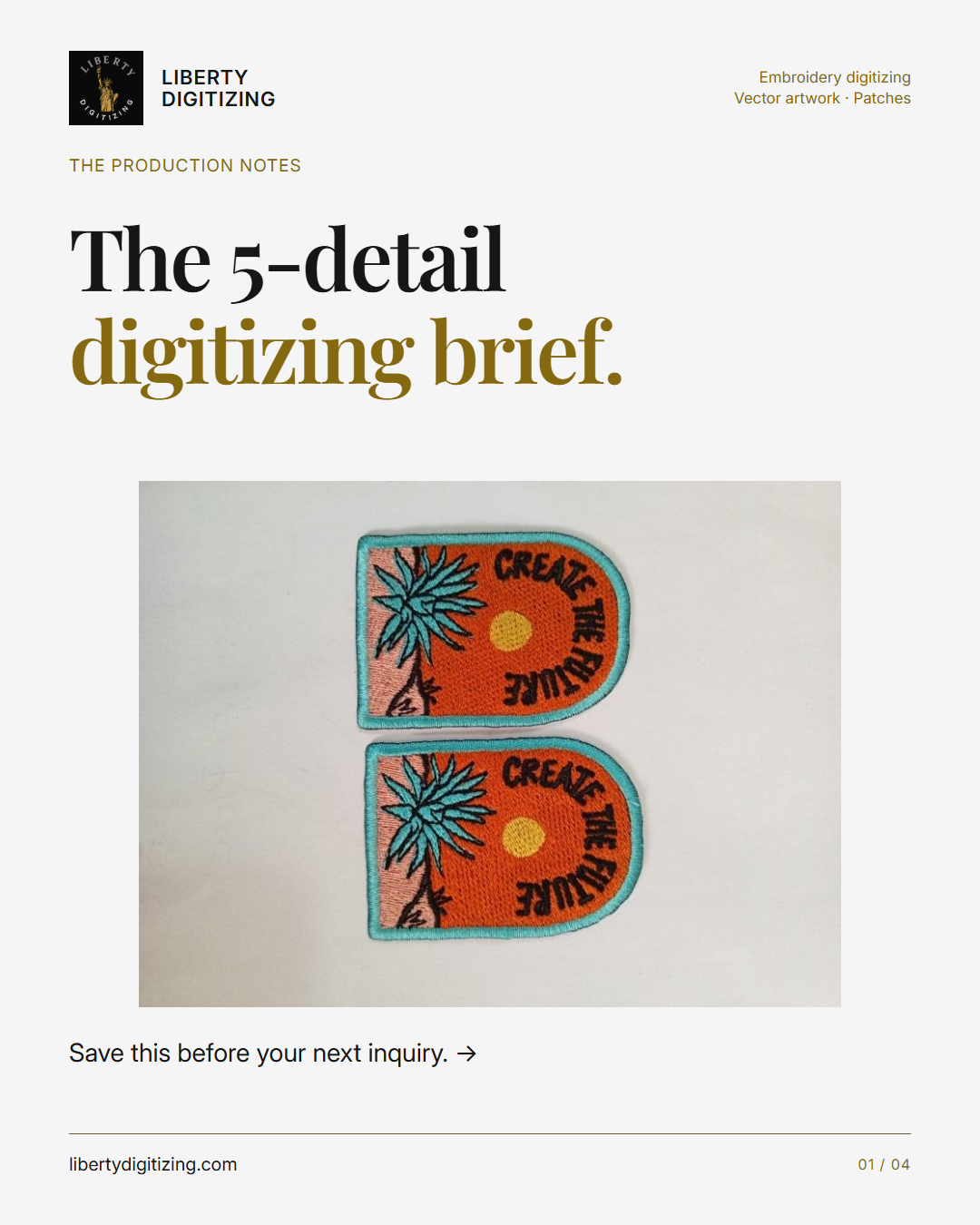 The 5-detail digitizing brief.. Save this before your next inquiry. A full photograph of embroidery illustrates the topic.