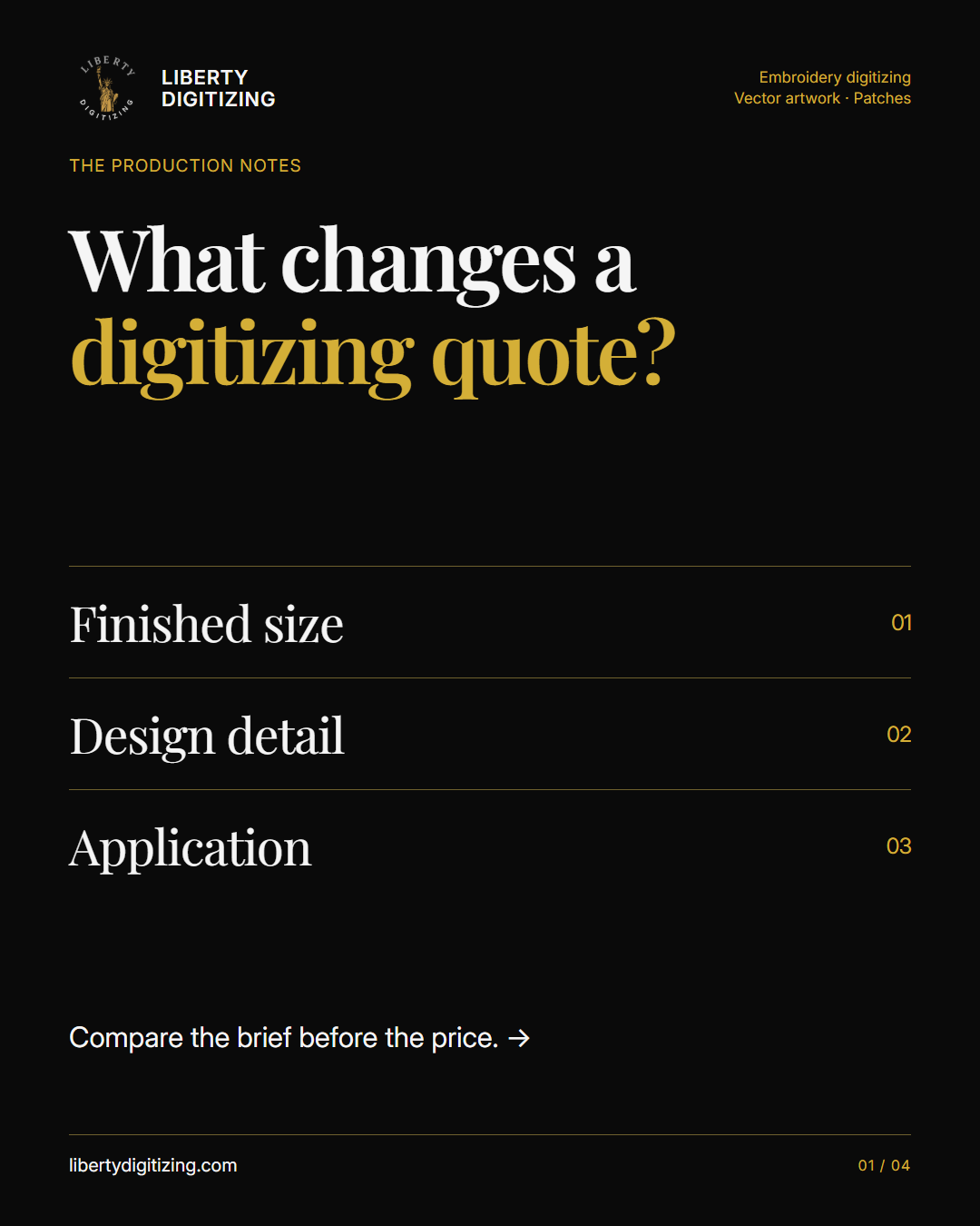 What changes a digitizing quote?. Compare the brief before the price. A full photograph of embroidery illustrates the topic.