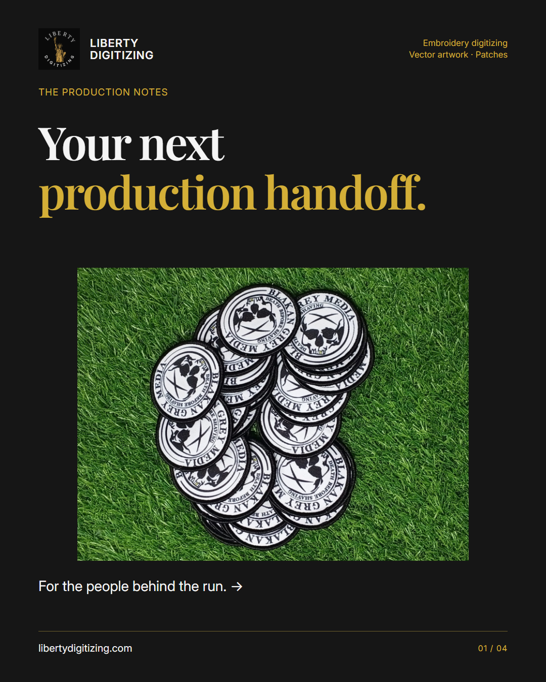 Your next production handoff.. For the people behind the run. A full photograph of embroidery illustrates the topic.