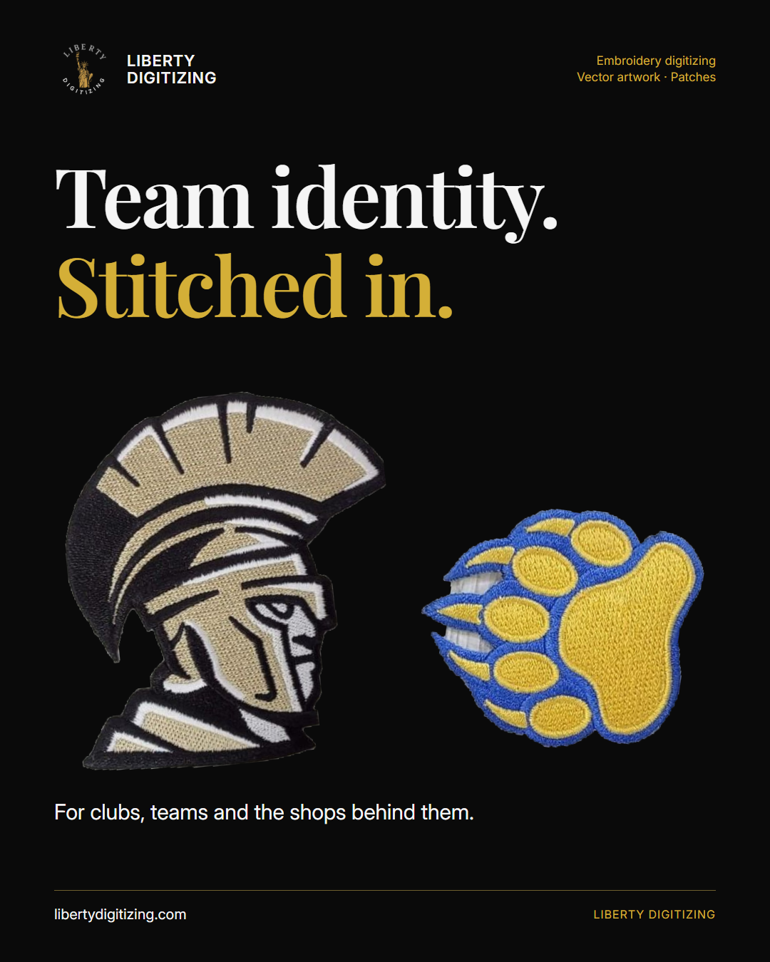 Team identity. Stitched in. A gold and gray helmet patch beside a blue paw patch with yellow pads. Liberty Digitizing design with black, white and gold typography.